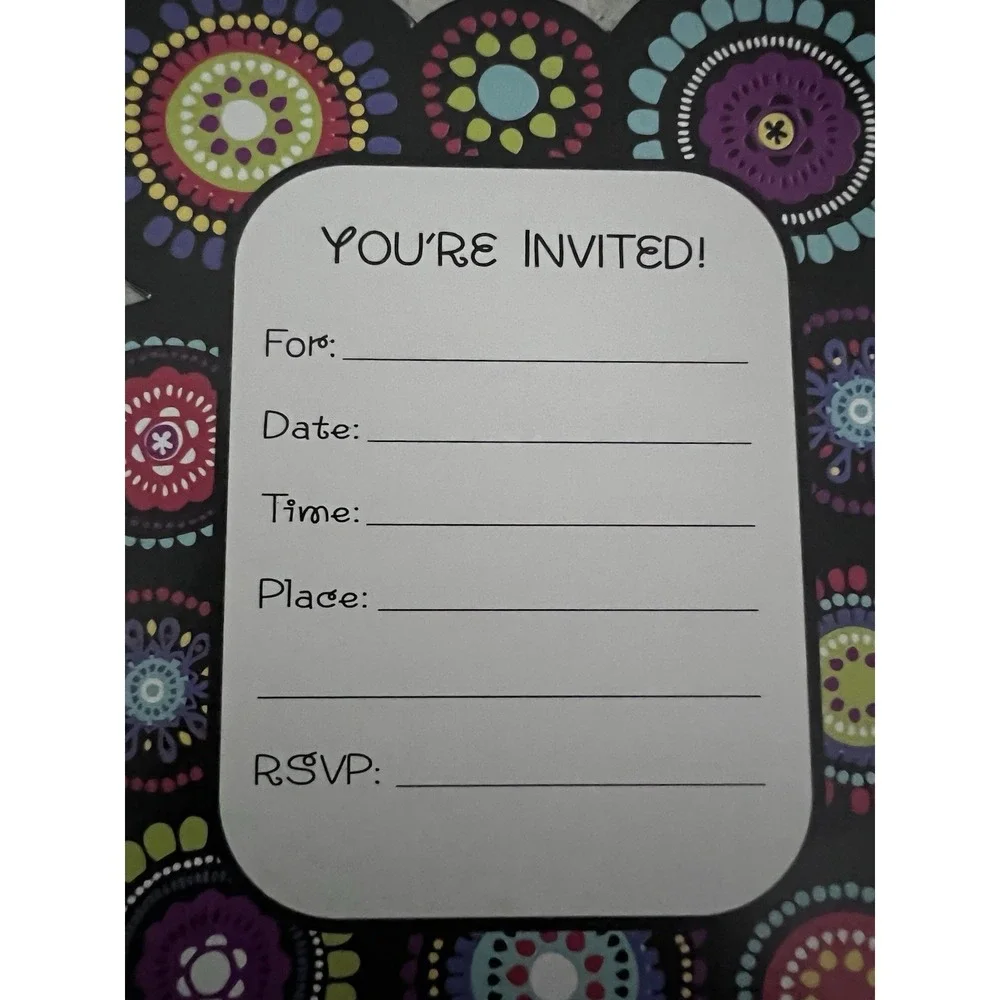 36 Count Party Invitations & Envelopes Boho Retro Floral Geometric Black Multico